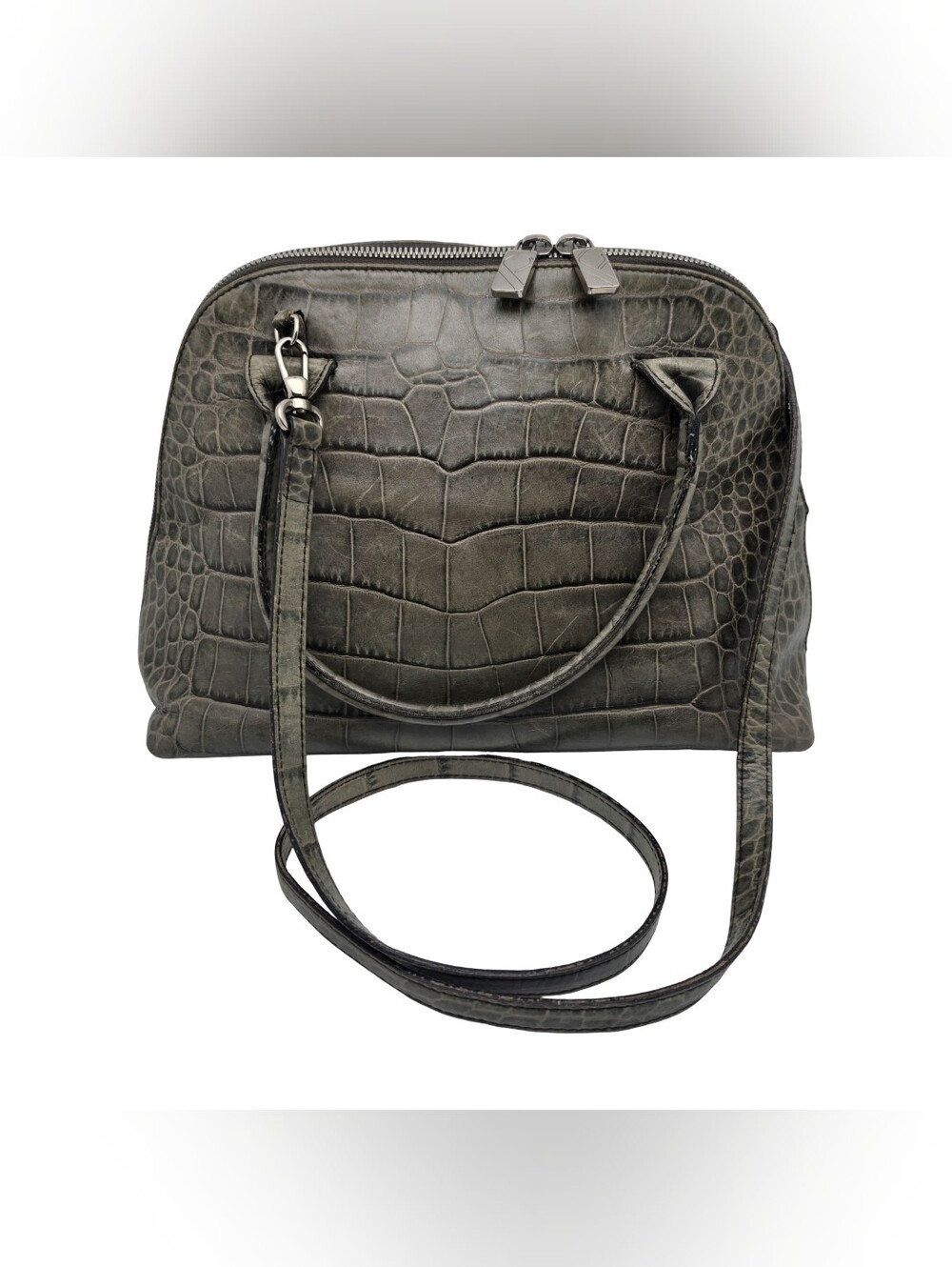 Vintage Furla Crocodile Embossed Green Leather Dome Satchel